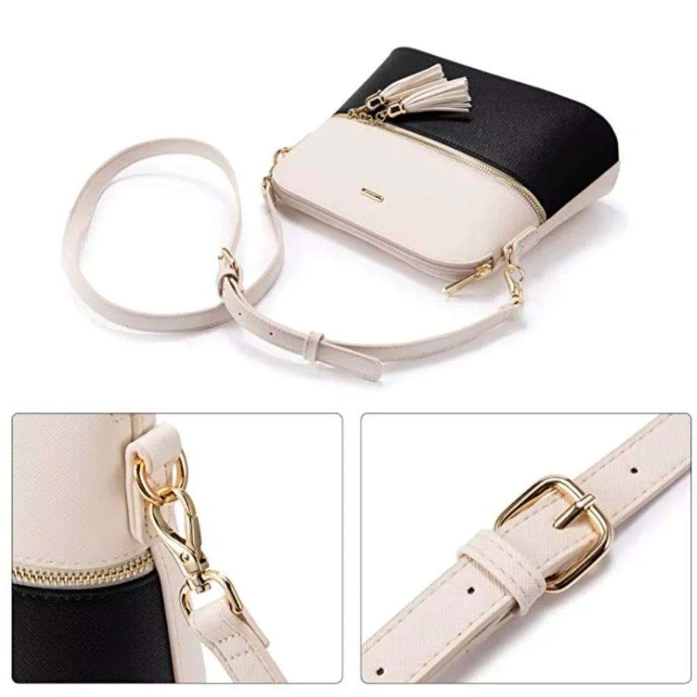 Lovevook Faux Leather Contrast Zip Crossbody Bag Purse Cream Black Small Size
